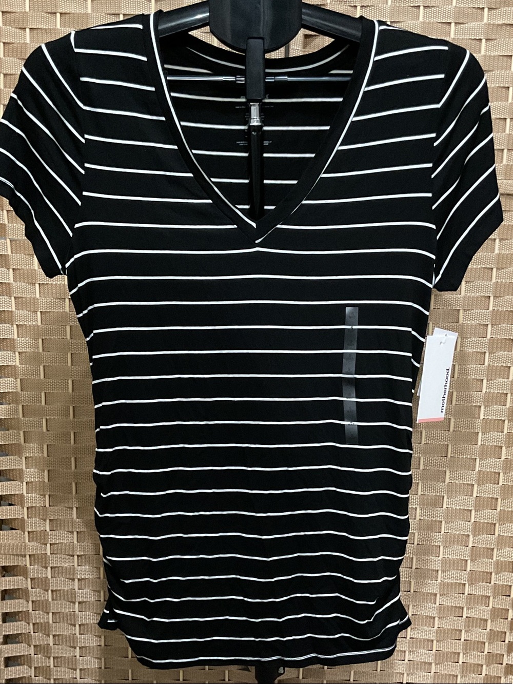 Motherhood Black V-Neck Short Sleeve Tee with White Stripes